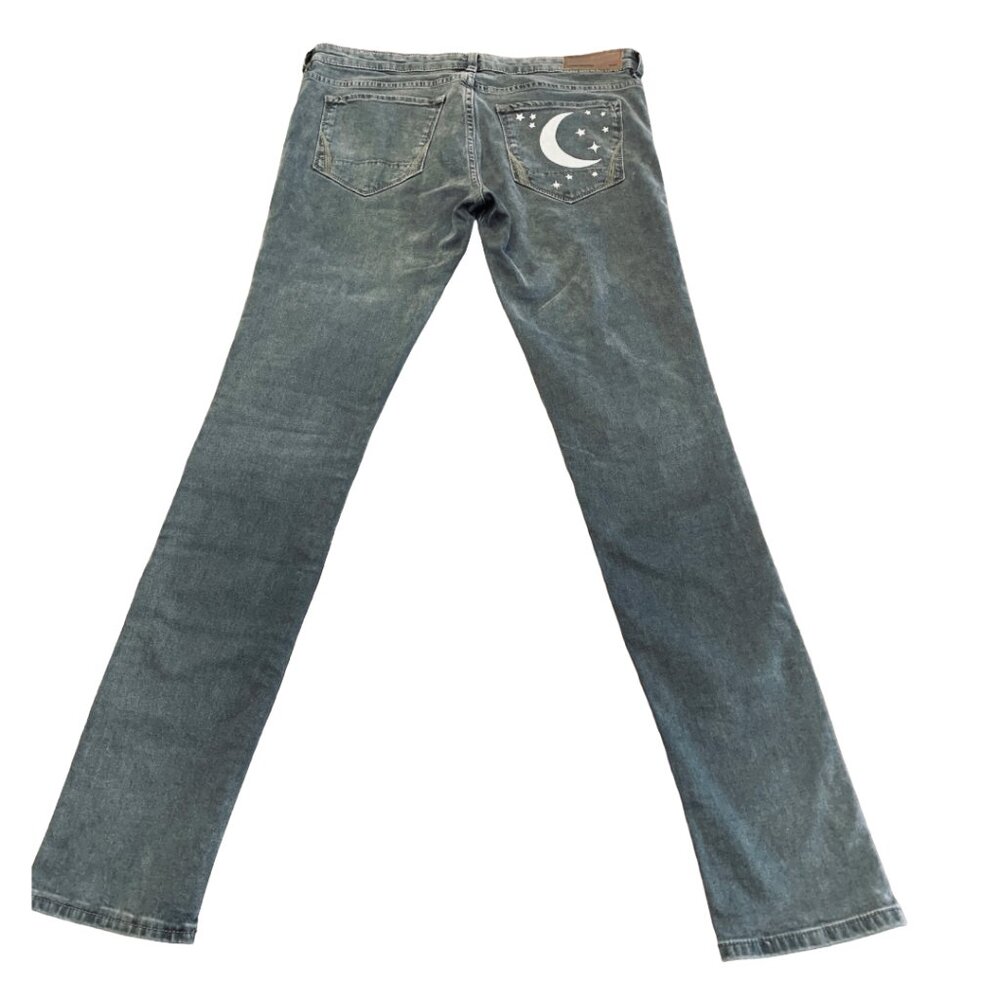 AllSaints Gray Jeans Custom Hand Painted Moon & Stars Skinny 32 - Picture 3 of 12